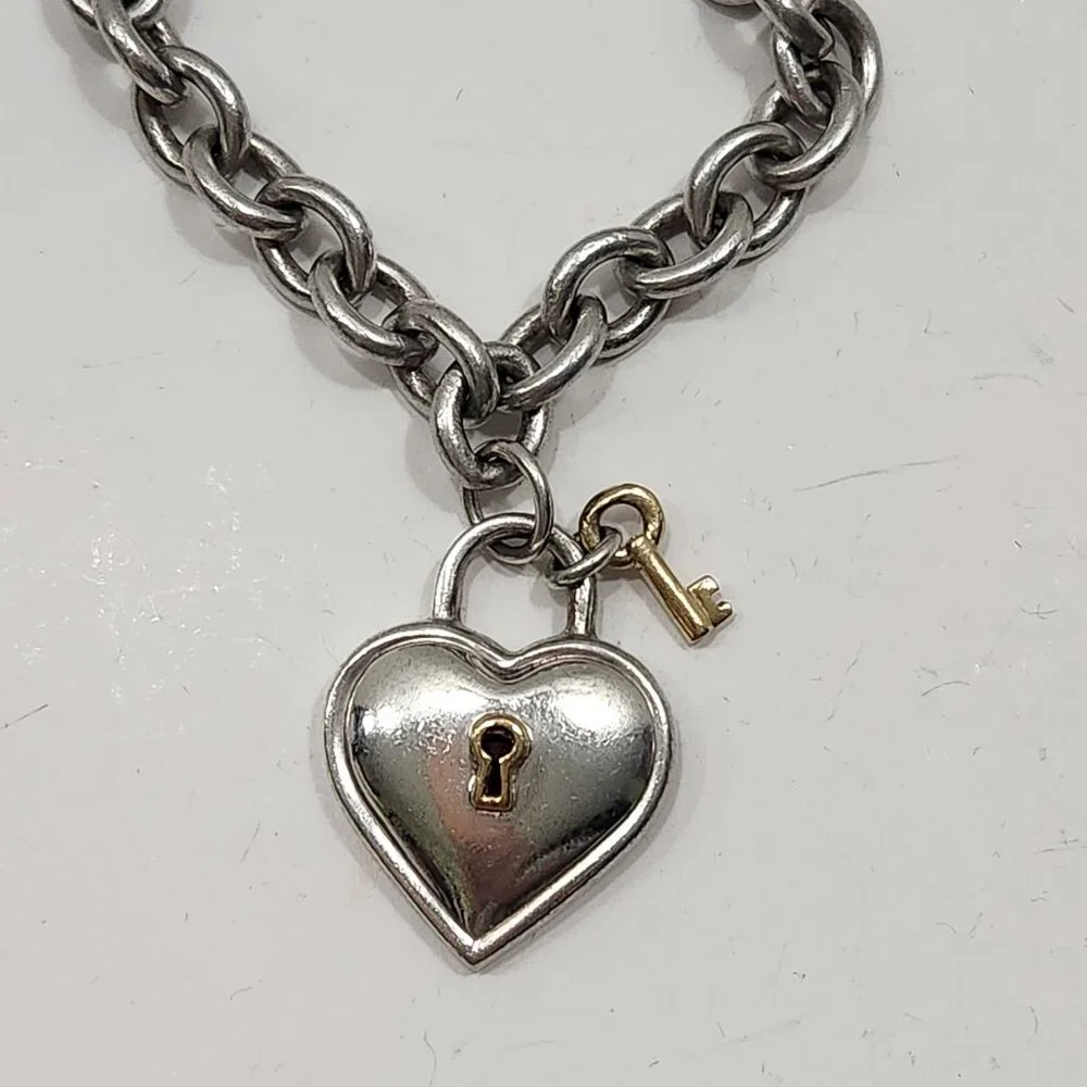 Vintage 1994 Tiffany & Co. Sterling Silver/18K Yellow Gold Heart W/Key Link Nck - Picture 3 of 7